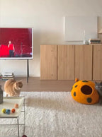 Niche Chat Feutre Laine Fait Main - Grotte Orange à Pois Café