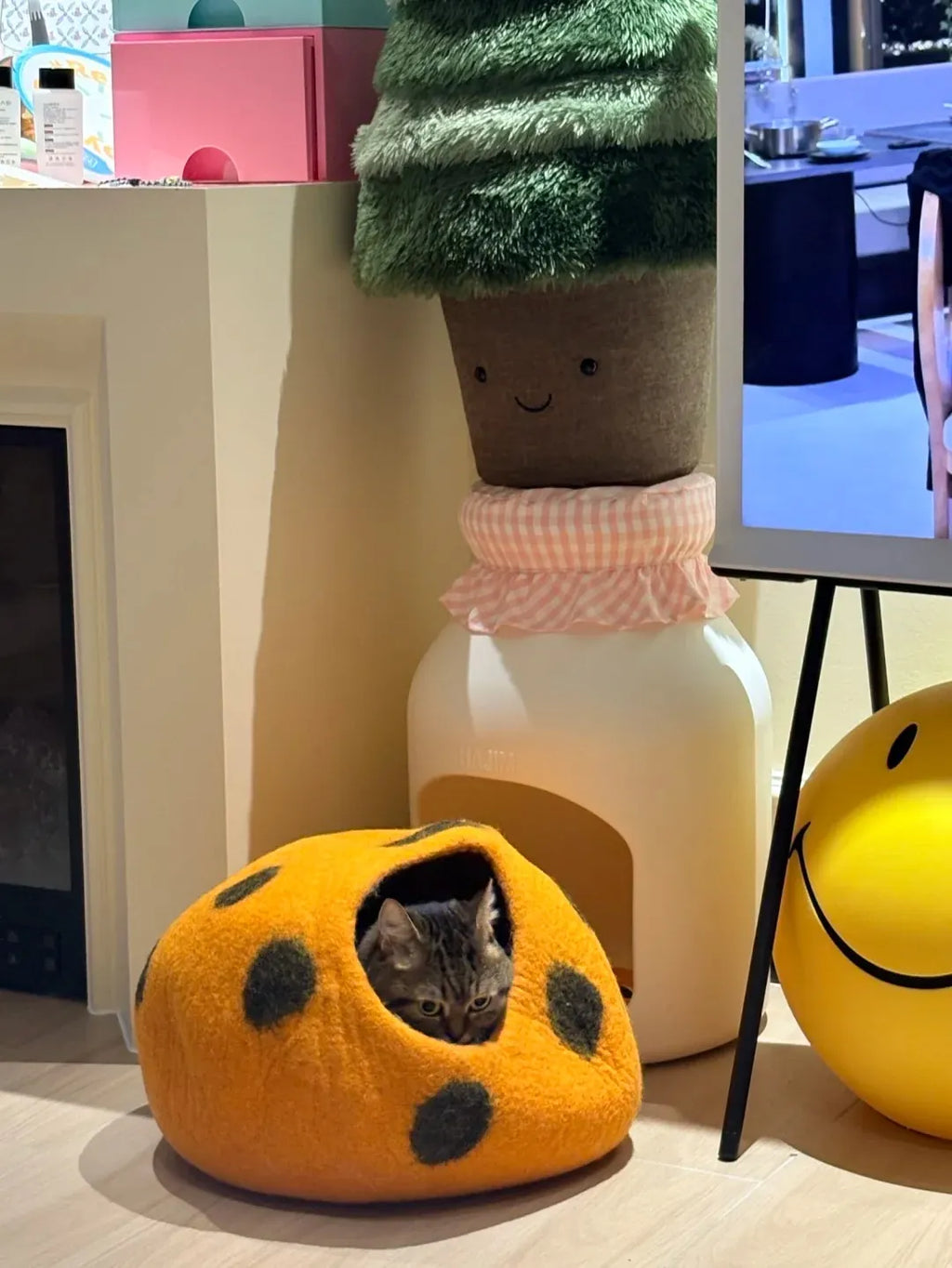 Niche Chat Feutre Laine Fait Main - Grotte Orange à Pois Café