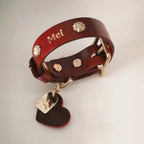 Collier marron en cuir pour chien avec nom personnalisé en lettres dorées haut de gamme