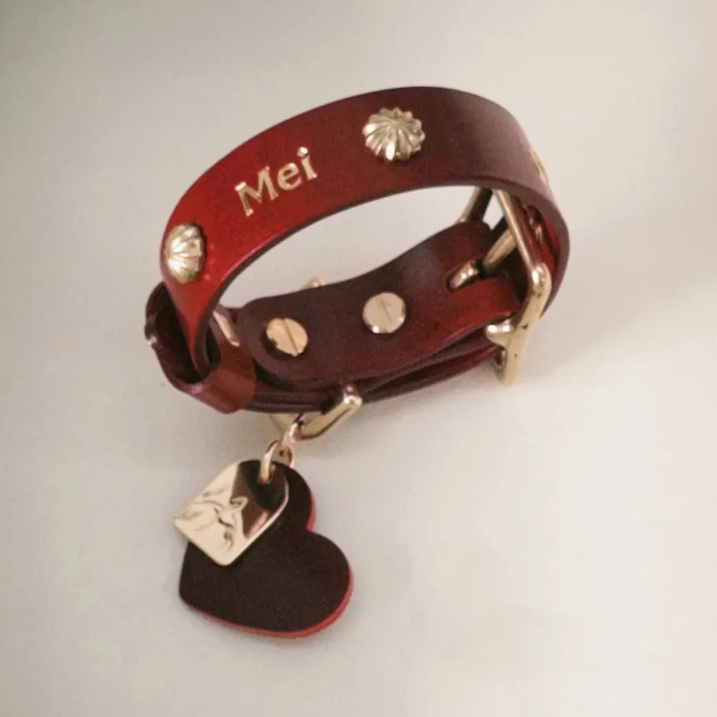 Collier marron en cuir pour chien avec nom personnalisé en lettres dorées haut de gamme