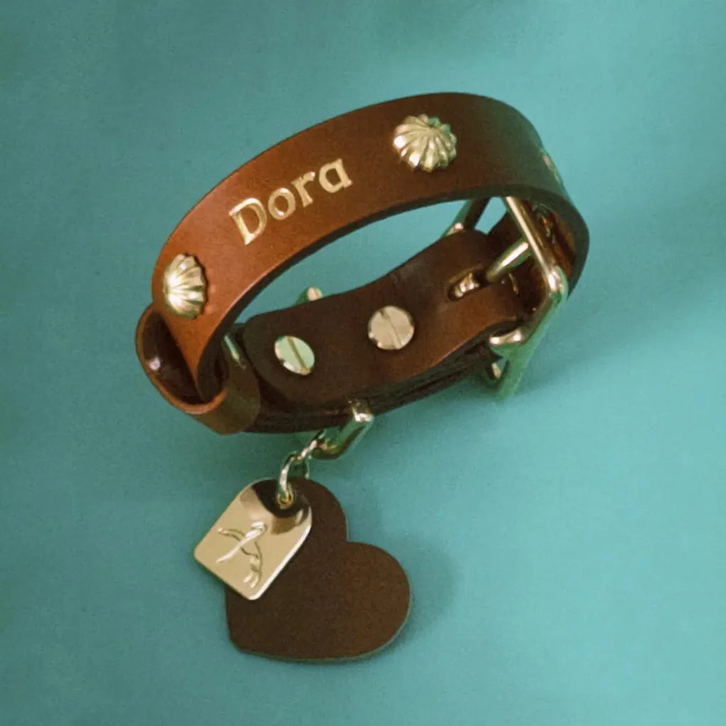 Collier marron en cuir pour chien avec nom personnalisé en lettres dorées haut de gamme