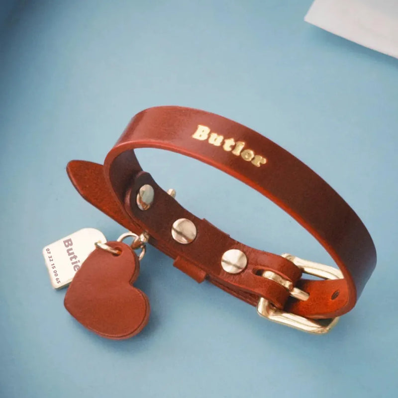 Petit collier en cuir marron personnalisé pour petit chien Chihuahua