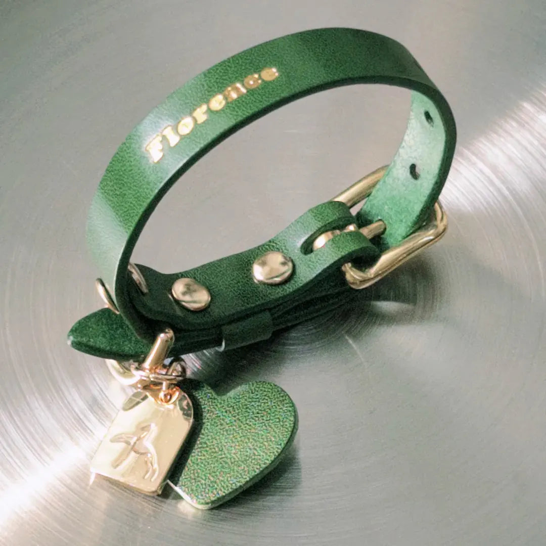 Collier vert fait main en cuir pour chien
