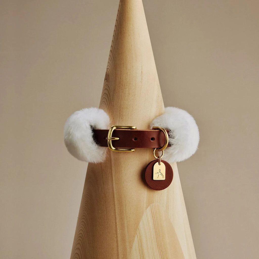 Collier chien marron en laine et cuir vue de face