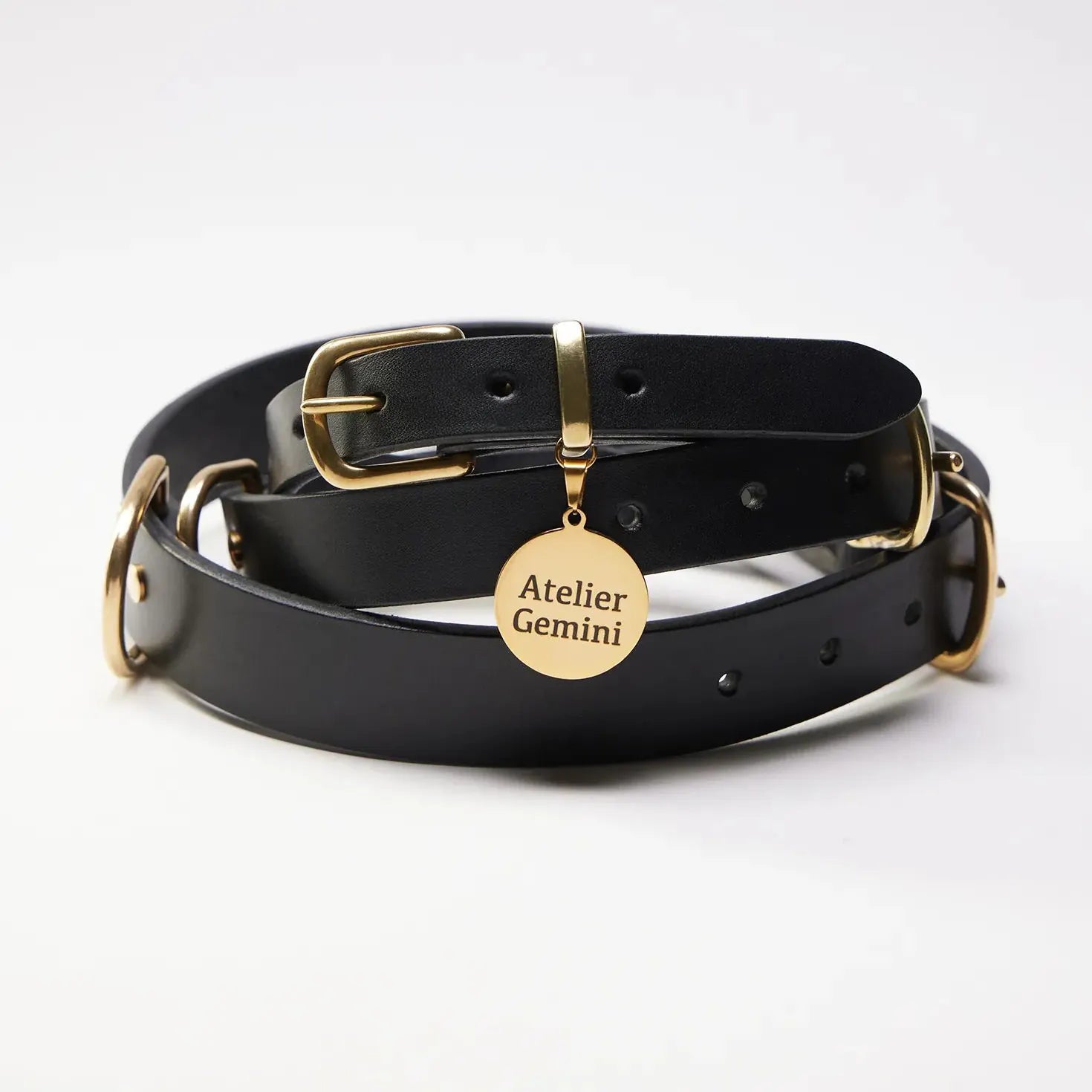 Collier chien personnalisé en cuir noir premium avec boucles laiton – Atelier Gemini