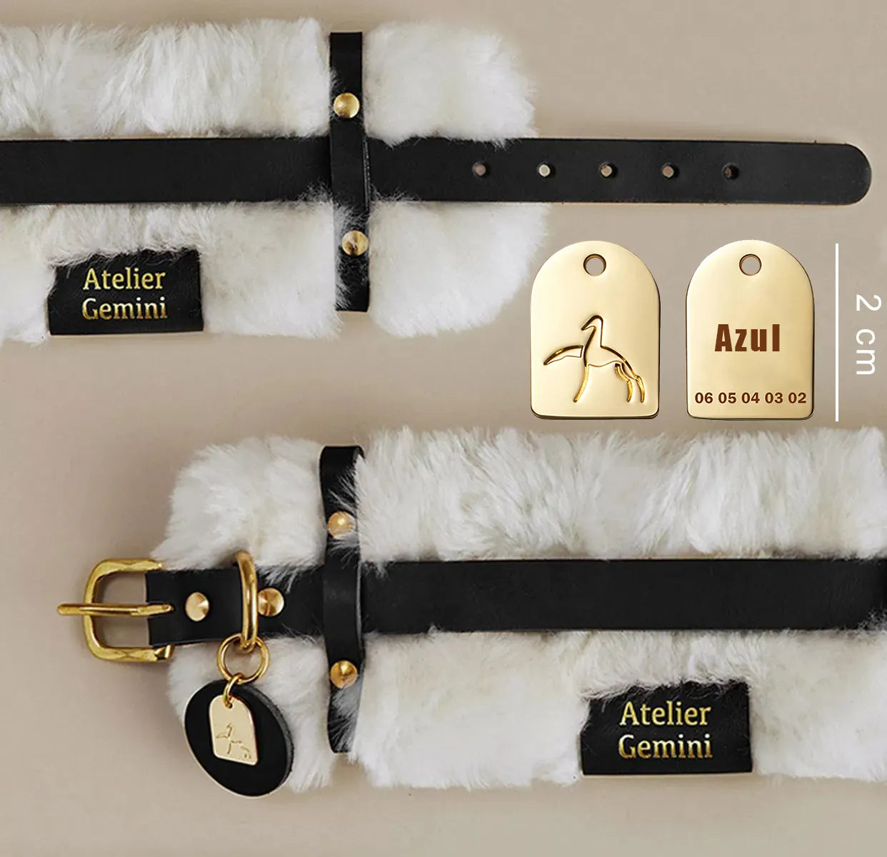 Détails d'un collier personnalisé en cuir pelucheux noir