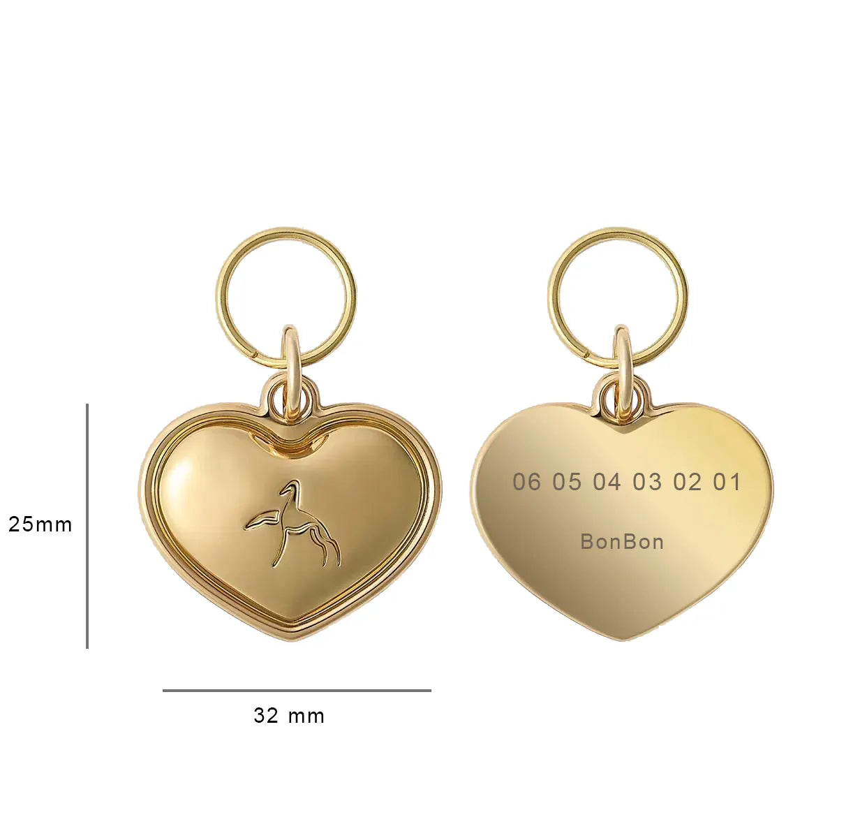 Détails recto verso de la médaille dorée gravée en forme de cœur